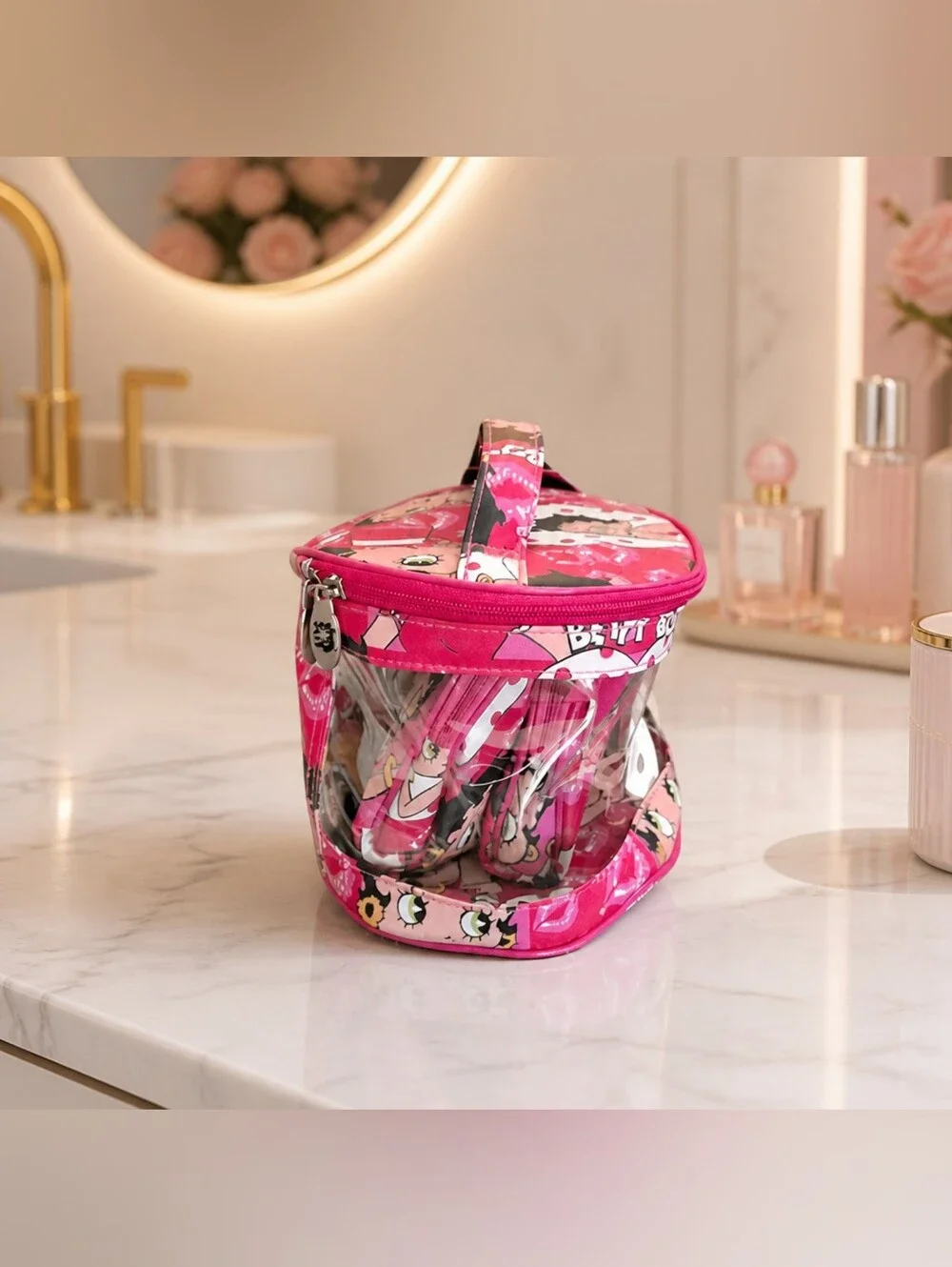 Betty Boop 3-Piece Hot Pink Cosmetic Bag Set Clear Travel Cases